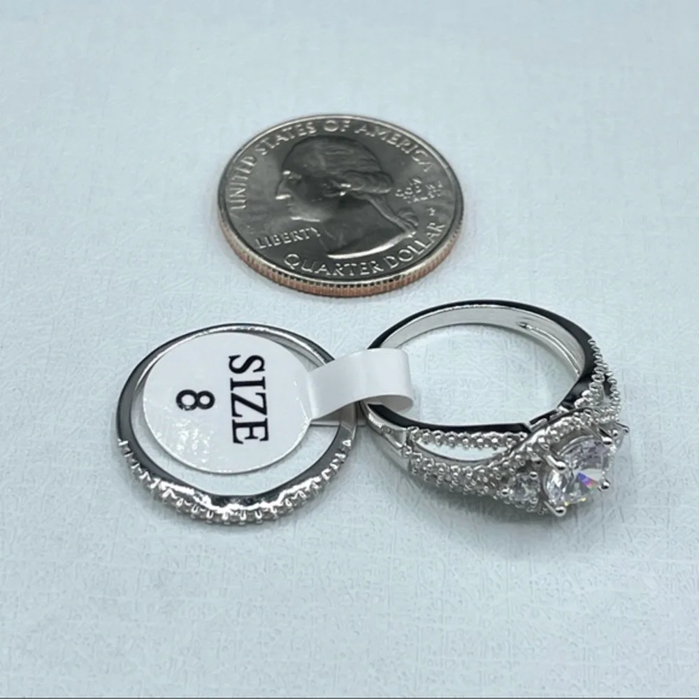 New 925 Sterling Silver CZ Diamond Bridal Wedding Ring Set Halo 2 Band